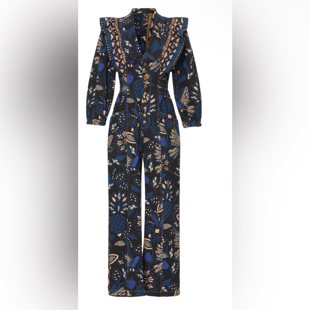 FARM Rio Navy Blue and Tan Floral Ruffle Jumpsuit - Picture 1 of 7